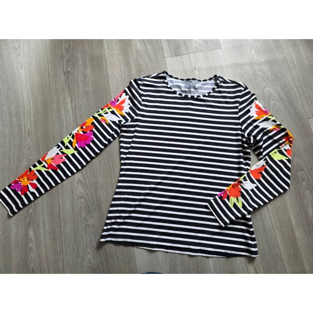 Lands End Womens Stripe & Floral Long Sleeve Top XS Petite Black/White